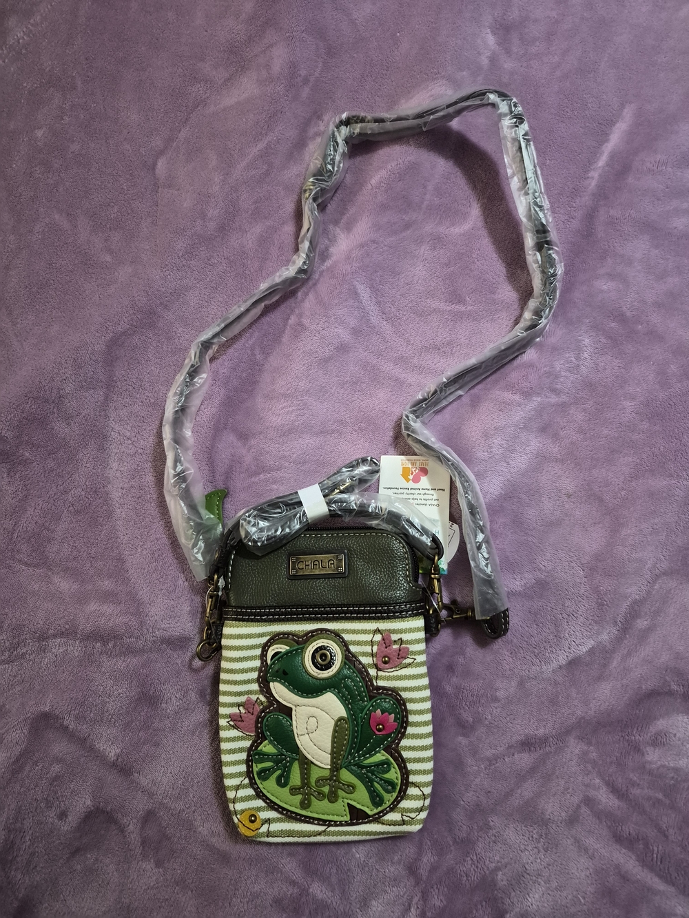 Chala Green Frog Applique Crossbody Bag with Striped Body